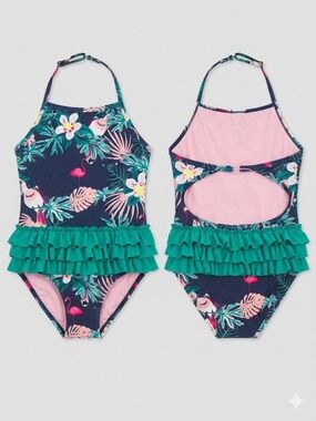 Appaman Navy Floral One-Piece with Pink Lining & Teal Ruffle
